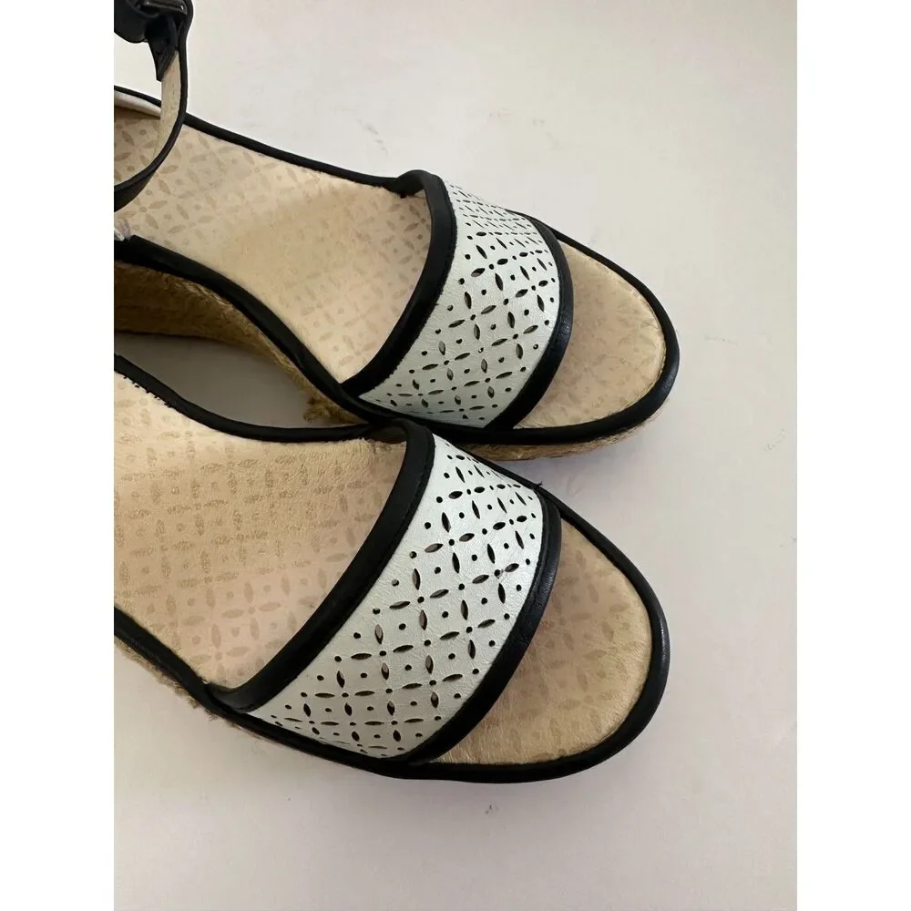 FLY London Sandal Wedge Espadrille Ekal White Black Womens 38 / 7.5